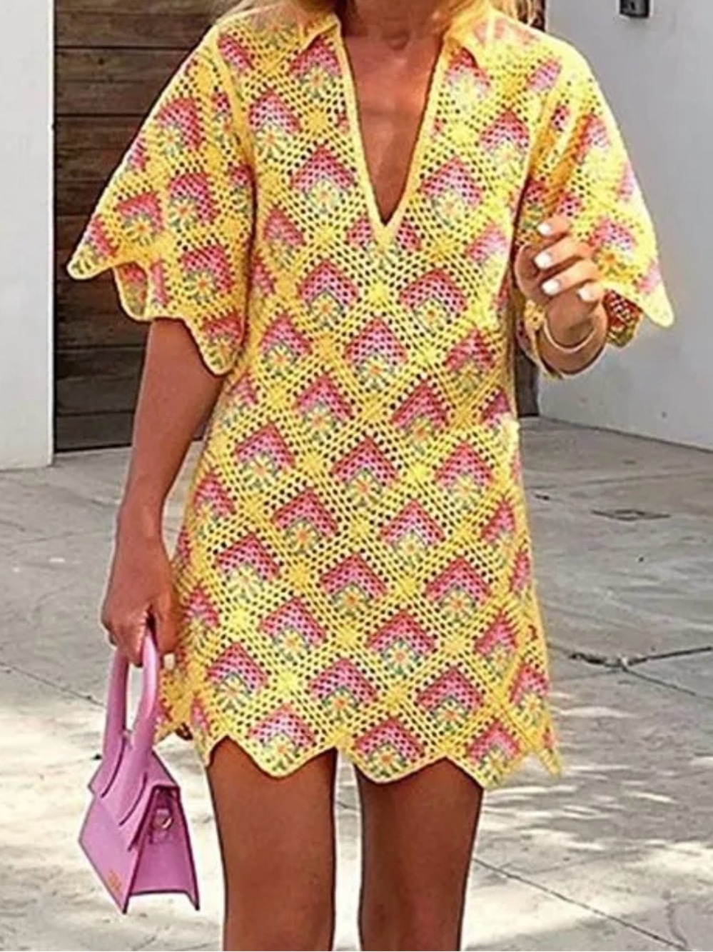 NWT Zara  Yellow Crochet Cover-Up Dress with Pink Accents